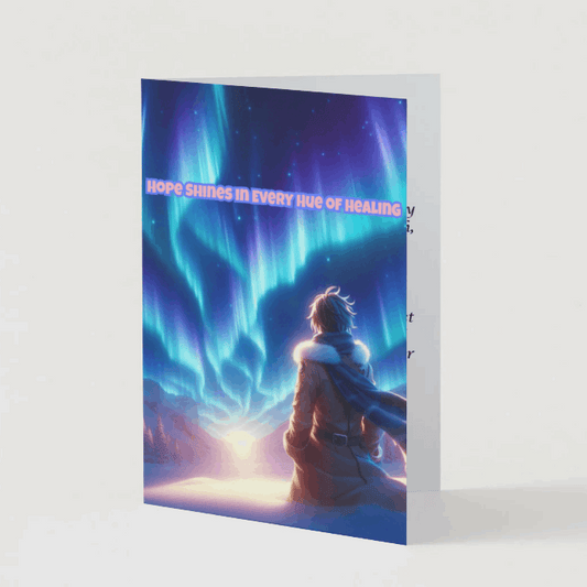 Anime-style illustration of a breathtaking aurora with vibrant ribbons of light dancing across the night sky, illuminating a snow-covered landscape and a figure gazing upward, symbolizing healing and hope.