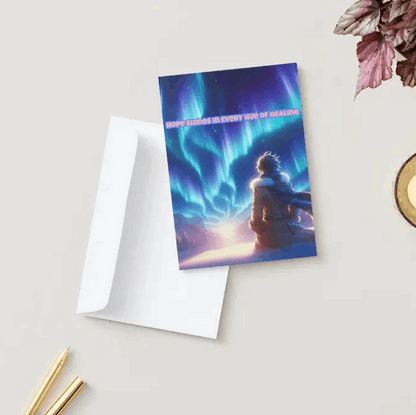 Anime-style illustration of a breathtaking aurora with vibrant ribbons of light dancing across the night sky, illuminating a snow-covered landscape and a figure gazing upward, symbolizing healing and hope.