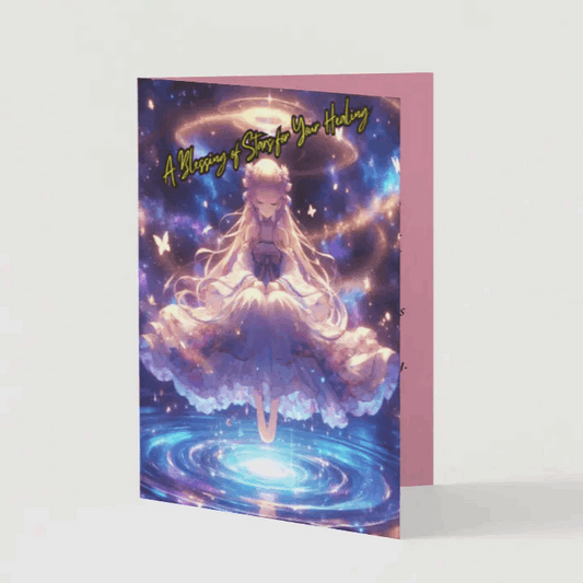 Anime-style illustration of a celestial figure floating above a glowing pool of cosmic energy, sprinkling stardust that brings healing, radiating warmth and serenity.