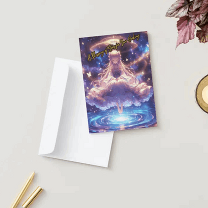 Anime-style illustration of a celestial figure floating above a glowing pool of cosmic energy, sprinkling stardust that brings healing, radiating warmth and serenity.