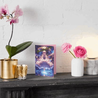 Anime-style illustration of a celestial figure floating above a glowing pool of cosmic energy, sprinkling stardust that brings healing, radiating warmth and serenity.