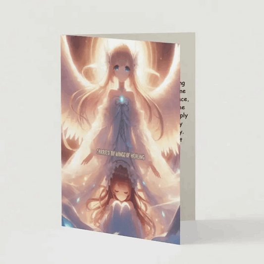 Anime-style illustration of a radiant guardian angel with glowing celestial wings, hovering softly above a figure wrapped in gentle light, symbolizing comfort, renewal, and healing.
