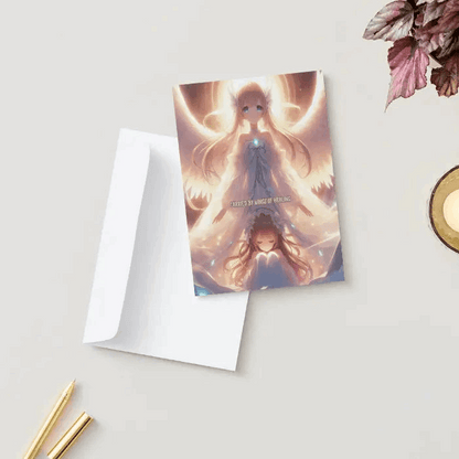 Anime-style illustration of a radiant guardian angel with glowing celestial wings, hovering softly above a figure wrapped in gentle light, symbolizing comfort, renewal, and healing.