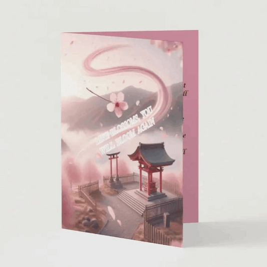Anime-style illustration of a drifting Sakura petal caught in a breeze, spiraling toward a peaceful shrine, symbolizing renewal, healing, and gentle encouragement.
