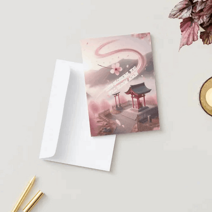 Anime-style illustration of a drifting sakura petal caught in a breeze, spiraling toward a peaceful shrine, symbolizing renewal, healing, and gentle encouragement.
