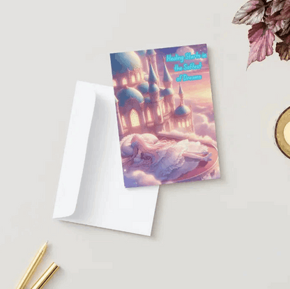 Anime-style illustration of a floating palace above a bed of clouds, bathed in soft dream-like hues, symbolizing peace, renewal, and the quiet embrace of healing.