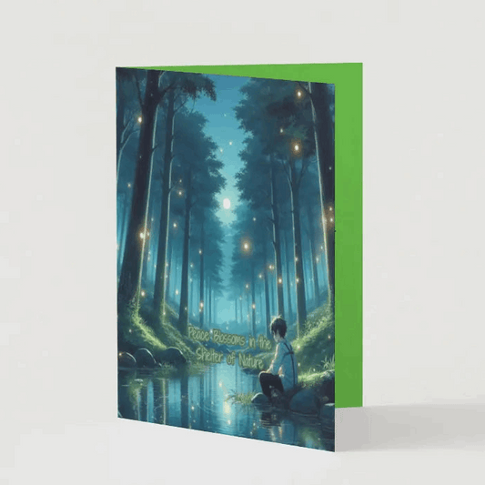 Anime-style illustration of a peaceful forest with glowing fireflies, tall trees forming a protective canopy, and a tranquil stream reflecting soft moonlight, symbolizing peace, healing, and renewal.