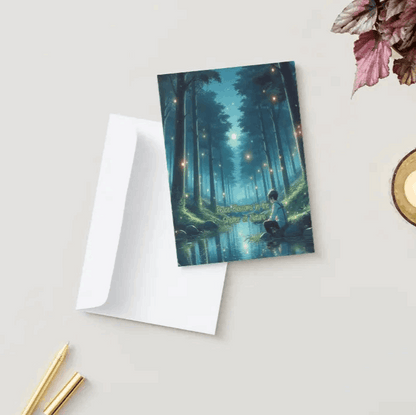 Anime-style illustration of a peaceful forest with glowing fireflies, tall trees forming a protective canopy, and a tranquil stream reflecting soft moonlight, symbolizing peace, healing, and renewal.