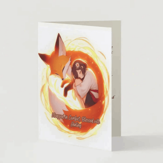 Anime-style illustration of a gentle fox spirit curled beside a resting figure, surrounded by a warm glow that symbolizes a protective aura of healing.