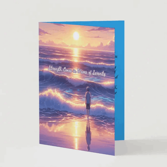 Anime-style illustration of a tranquil ocean scene with gentle waves illuminated by the glow of a setting sun, reflecting shades of gold and lavender, symbolizing strength, calm, and renewal.