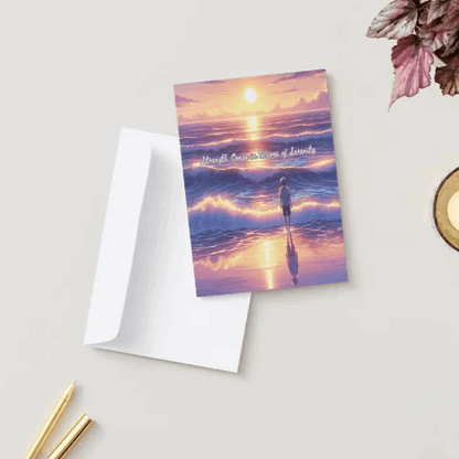 Anime-style illustration of a tranquil ocean scene with gentle waves illuminated by the glow of a setting sun, reflecting shades of gold and lavender, symbolizing strength, calm, and renewal.