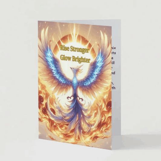 Anime-style illustration of a majestic phoenix with glowing feathers, rising from a bed of flames, spreading its wings toward a bright sun, symbolizing resilience and recovery.