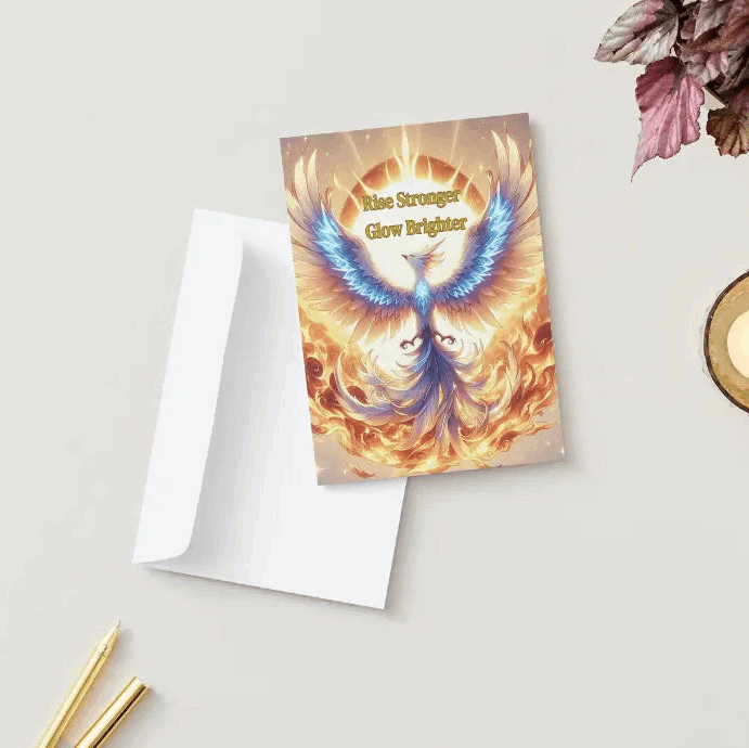 Anime-style illustration of a majestic phoenix with glowing feathers, rising from a bed of flames, spreading its wings toward a bright sun, symbolizing resilience and recovery.