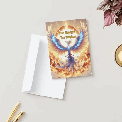 Anime-style illustration of a majestic phoenix with glowing feathers, rising from a bed of flames, spreading its wings toward a bright sun, symbolizing resilience and recovery.
