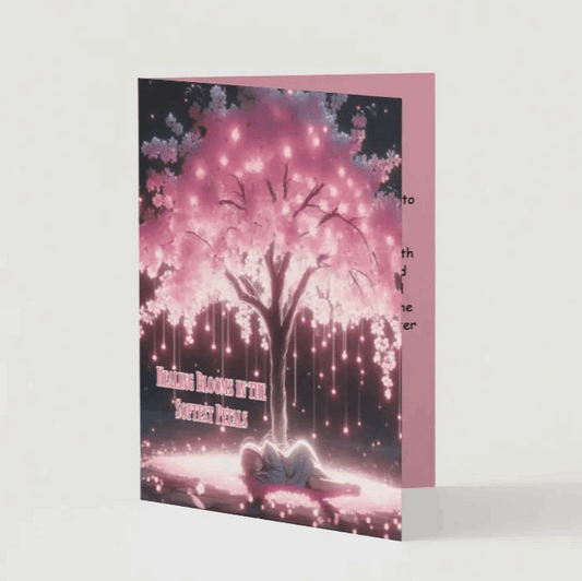 Anime-style illustration of a delicate Sakura tree with glowing pink blossoms, softly falling to the ground, forming a path of light toward a peaceful resting figure, symbolizing healing and renewal.