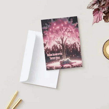Anime-style illustration of a delicate Sakura tree with glowing pink blossoms, softly falling to the ground, forming a path of light toward a peaceful resting figure, symbolizing healing and renewal.