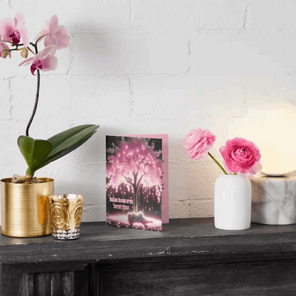 Anime-style illustration of a delicate Sakura tree with glowing pink blossoms, softly falling to the ground, forming a path of light toward a peaceful resting figure, symbolizing healing and renewal.