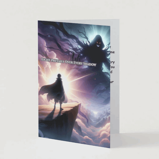 Anime-style illustration of a shadowy villain standing atop a cliff, radiating dark energy, facing a hero bathed in radiant light, symbolizing courage, resilience, and the triumph of healing over adversity.