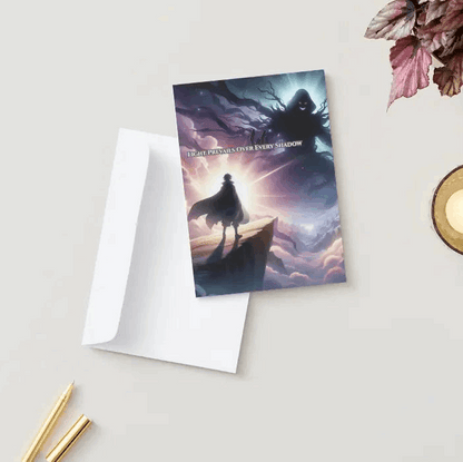 Anime-style illustration of a shadowy villain standing atop a cliff, radiating dark energy, facing a hero bathed in radiant light, symbolizing courage, resilience, and the triumph of healing over adversity.