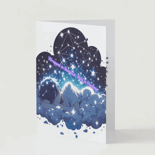 Anime-style illustration of a glowing stardust cloud wrapping around a peacefully resting figure, under a sky filled with shimmering constellations, symbolizing comfort, renewal, and healing.