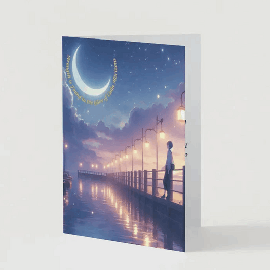 Anime-style illustration of a dreamy harbor at twilight, with twinkling stars and a crescent moon illuminating calm waters, and an anime figure gazing at the peaceful horizon, symbolizing healing and calm.