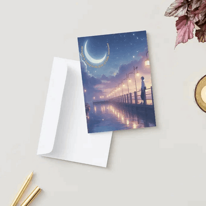 Anime-style illustration of a dreamy harbor at twilight, with twinkling stars and a crescent moon illuminating calm waters, and an anime figure gazing at the peaceful horizon, symbolizing healing and calm.