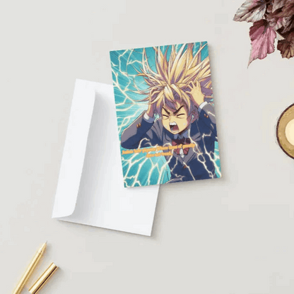 A colorful anime humor greeting card featuring a frustrated Gekiga-style character struggling to tame their wildly spiky anime hair, paired with a bold and comedic message.