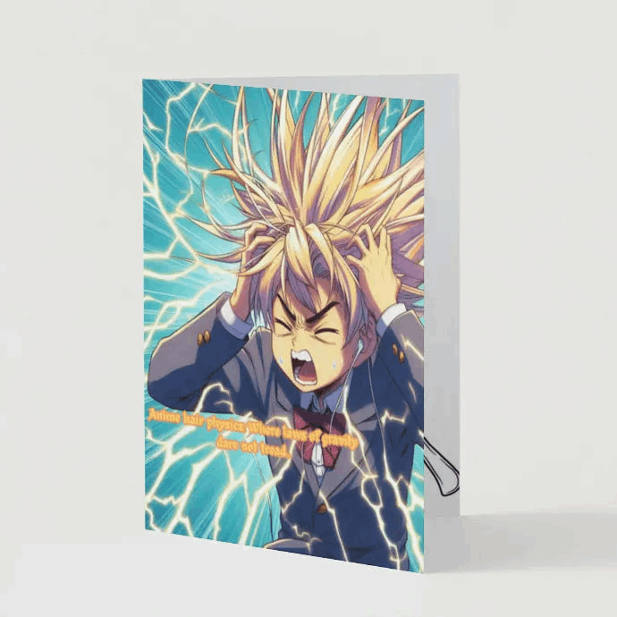 A colorful anime humor greeting card featuring a frustrated Gekiga-style character struggling to tame their wildly spiky anime hair, paired with a bold and comedic message.