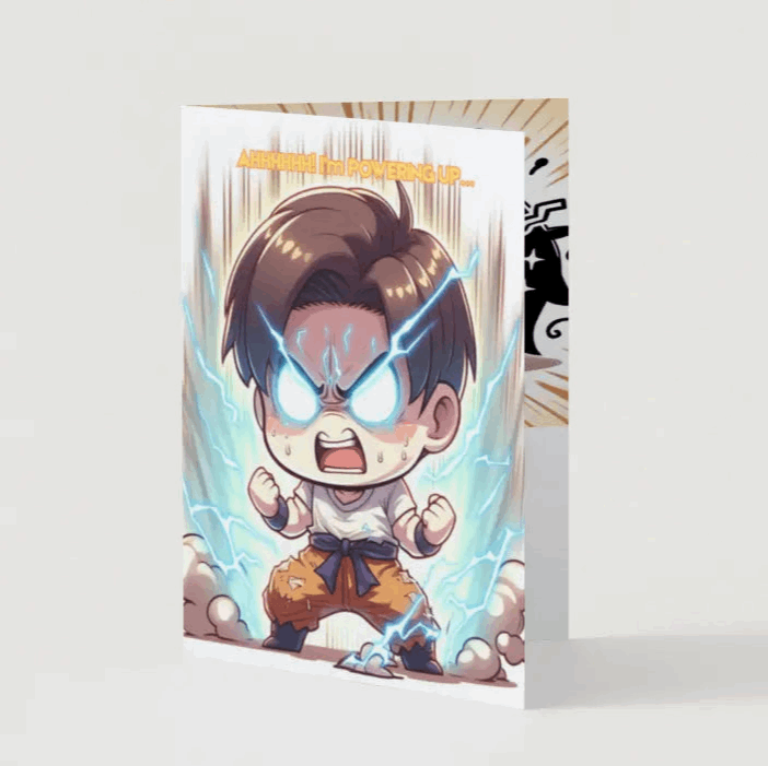 A chibi character straining to power up, surrounded by glowing aura lines, appearing determined and dramatic as part of an Anime Humor Card for birthday celebrations.