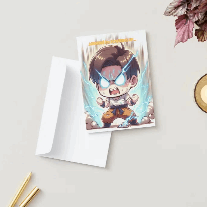 A chibi character straining to power up, surrounded by glowing aura lines, appearing determined and dramatic as part of an Anime Humor Card for birthday celebrations.
