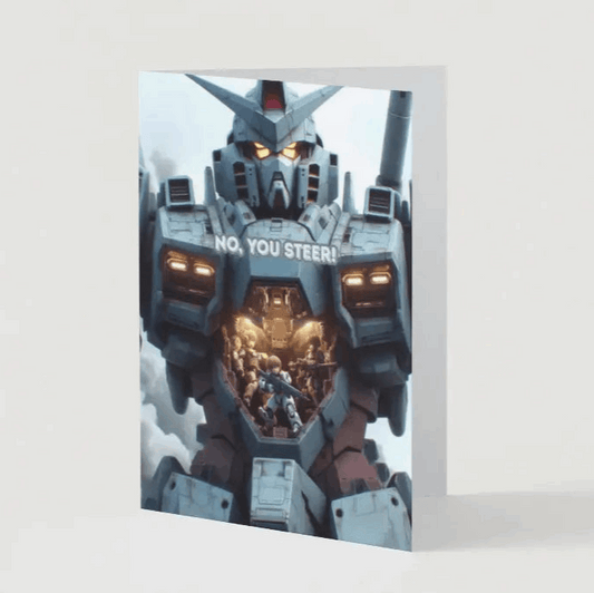 A towering mecha stands in full form, ready for action, while two tiny anime pilots inside the cockpit argue over who should drive. The chaotic energy of their debate contrasts with the mecha’s imposing presence, featured on an Anime Humor Card perfect for fans of giant robots and comedic teamwork struggles.