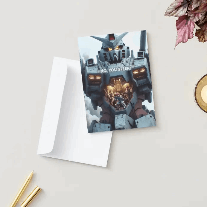 A towering mecha stands in full form, ready for action, while two tiny anime pilots inside the cockpit argue over who should drive. The chaotic energy of their debate contrasts with the mecha’s imposing presence, featured on an Anime Humor Card perfect for fans of giant robots and comedic teamwork struggles.
