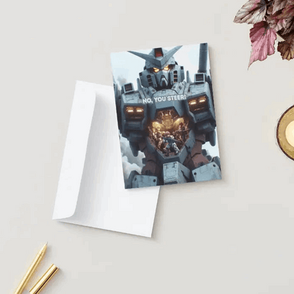 A towering mecha stands in full form, ready for action, while two tiny anime pilots inside the cockpit argue over who should drive. The chaotic energy of their debate contrasts with the mecha’s imposing presence, featured on an Anime Humor Card perfect for fans of giant robots and comedic teamwork struggles.
