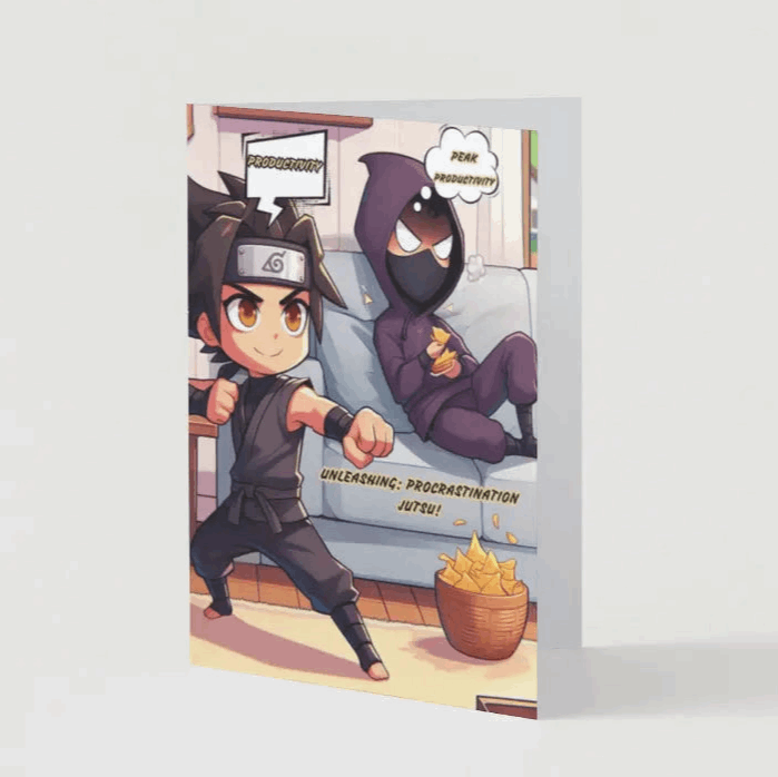 A chibi ninja confidently holding a scroll while their shadow clone lounges on a couch, snacking on chips, embodying the ultimate procrastination jutsu. Featured on an Anime Humor Card perfect for anime fans who know the struggle between productivity and distraction.