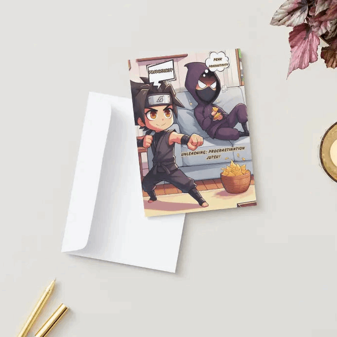 A chibi ninja confidently holding a scroll while their shadow clone lounges on a couch, snacking on chips, embodying the ultimate procrastination jutsu. Featured on an Anime Humor Card perfect for anime fans who know the struggle between productivity and distraction.