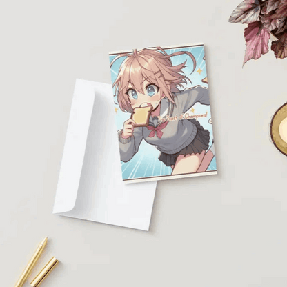 An anime character runs frantically, gripping a bite of toast between their teeth, embodying the classic anime morning rush. A fun and relatable Anime Humor Card for those who live life at full speed!