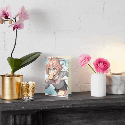 An anime character runs frantically, gripping a bite of toast between their teeth, embodying the classic anime morning rush. A fun and relatable Anime Humor Card for those who live life at full speed!