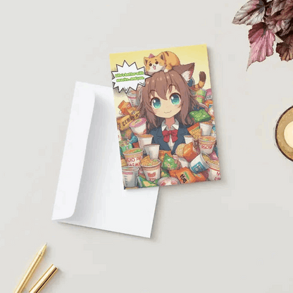 A cat-eared anime character surrounded by a mountain of ramen bowls and snacks, looking gleefully obsessed, featured on an Anime Humor Card celebrating foodie friendship.