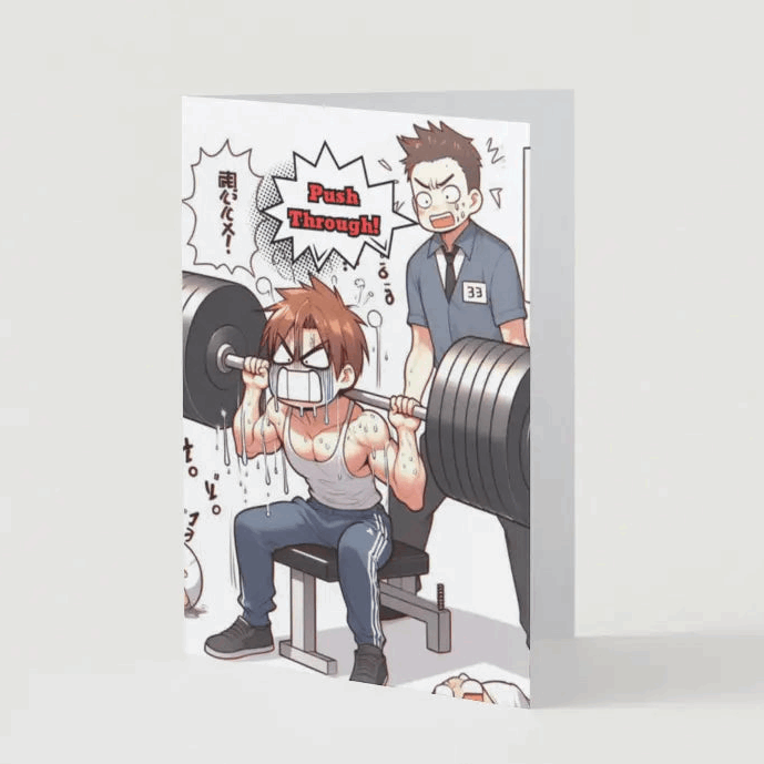 A determined manga character struggles under an oversized dumbbell, sweating profusely as their couch yells encouragement in a chat bubble. The ultimate anime humor card for fans of training arcs gone hilariously wrong!