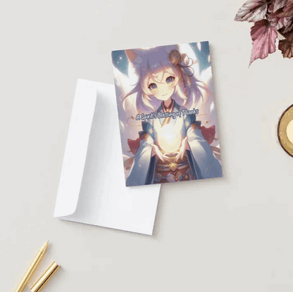 Illustration of a mystical kitsune spirit, holding a glowing orb of gratitude, surrounded by swirling wisps in an enchanted setting.