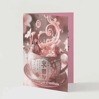 Illustration of an anime-style tea set, adorned with delicate runes, with steam curling into the shape of "ありがとう" (Thank You) in a warm and magical expression of gratitude.