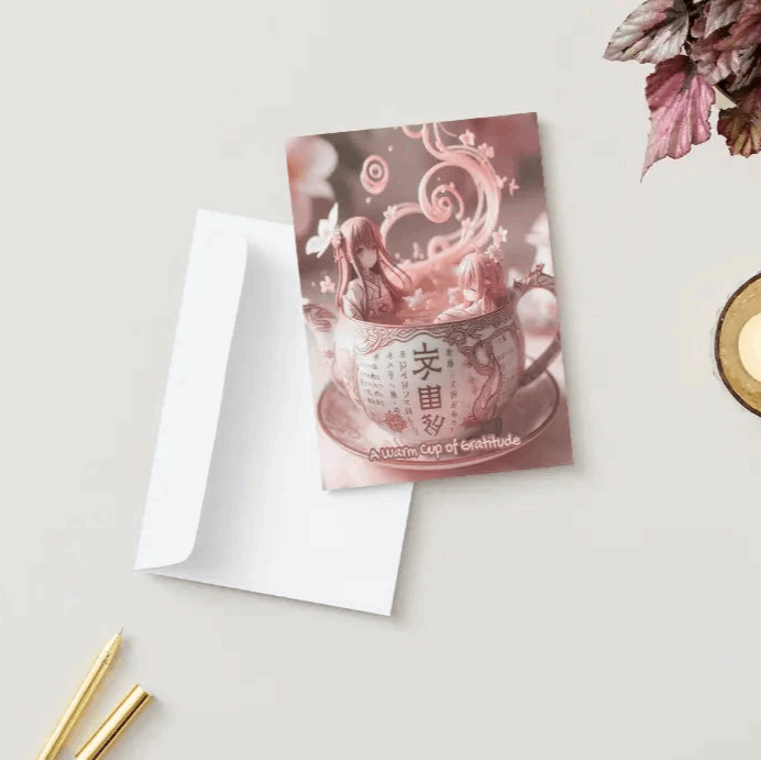 Illustration of an anime-style tea set, adorned with delicate runes, with steam curling into the shape of "ありがとう" (Thank You) in a warm and magical expression of gratitude.
