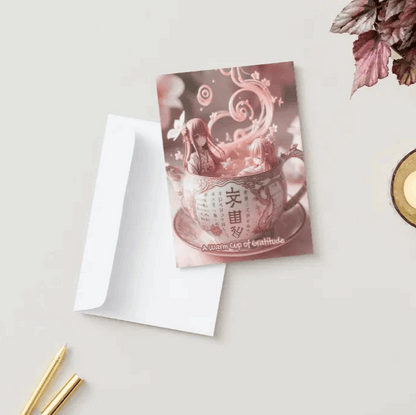 Illustration of an anime-style tea set, adorned with delicate runes, with steam curling into the shape of "ありがとう" (Thank You) in a warm and magical expression of gratitude.