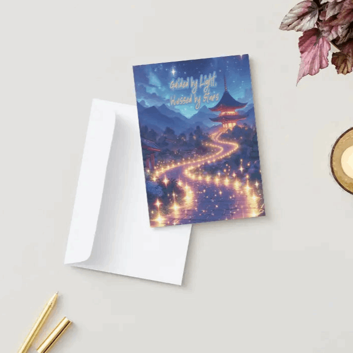 Illustration of a winding path paved with glowing stars, leading to a peaceful shrine in the distance, bathed in celestial light.