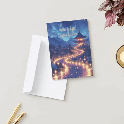 Illustration of a winding path paved with glowing stars, leading to a peaceful shrine in the distance, bathed in celestial light.