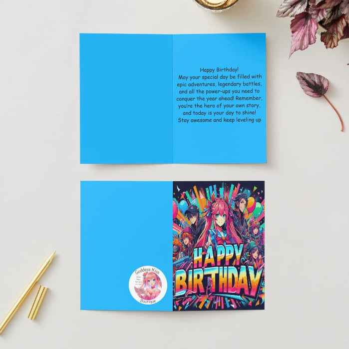 Anime Birthday Card - Blue Action Hero-Adventure Card - Gaming Level Up Celebration