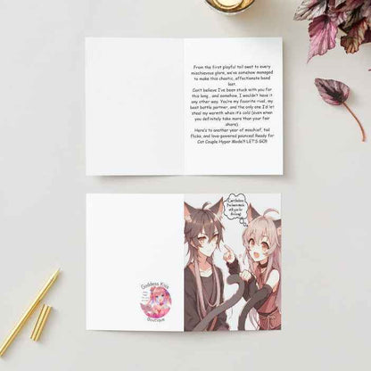 Anime Anniversary Card - Cat Couple Neko Design - Kawaii Catgirl Romance Celebration Card