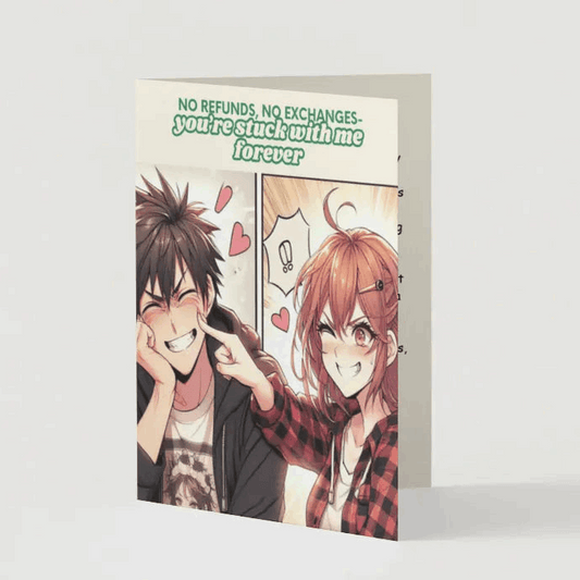 Illustration of a comic-style anime couple, one playfully teasing the other while the teased partner reacts with exaggerated frustration and hidden adoration.