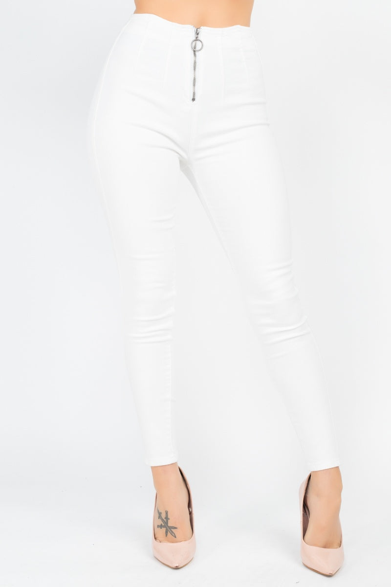 High Waist White Denim Jeans with Front O-Ring Zipper