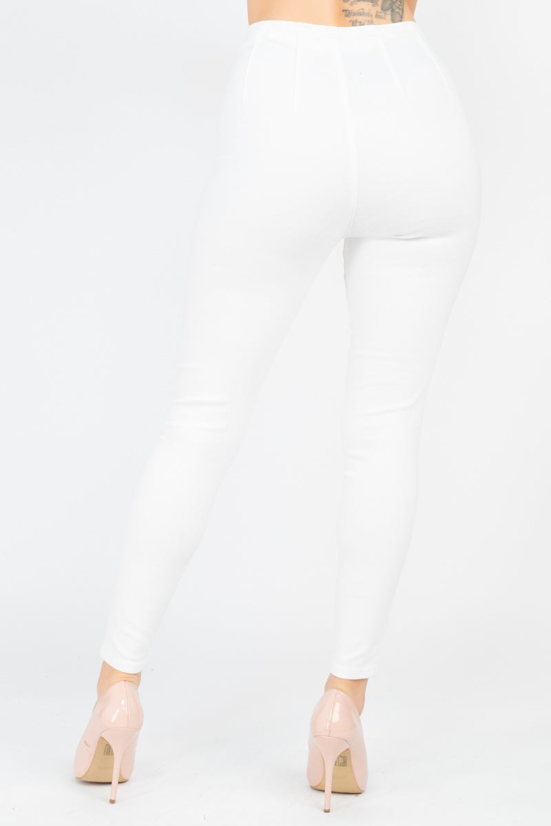 High Waist White Denim Jeans with Front O-Ring Zipper